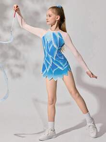 Bộ đồ thể thao liền thân cho bé gái tuổi teen, có các mảng lưới, họa tiết hoa màu xanh dương, mềm mại và thân thiện với da, phù hợp cho thể dục dụng cụ, múa ba lê, yoga, tập luyện thi đấu, đồ tập nhảy co giãn. - Màu xanh nhạt - Xem 6