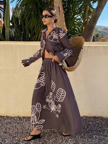 DAZY Women's Casual Floral Print Shirt And Skirt 2-Piece Set, Spring/Summer Vacation - Brown - View 4