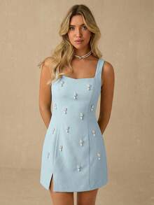 Enchnt 女士纯色仿珍珠装饰开衩优雅无袖连衣裙 - 淺藍色 - 查看 4