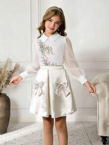2pcs Girls' Outfit Set: White Woven Blouse With Elegant Chiffon Sleeve & Embroidery Decor, Paired With Satin Skirt, Suitable For Daily Wear, Birthday, Events & Parties White Dress For Girl With Long Sleeve Teen Girls Elegant Long Sleeve Dresses White Modest Dress For Tweens Formal White Dress For Girls - Gold - View 1