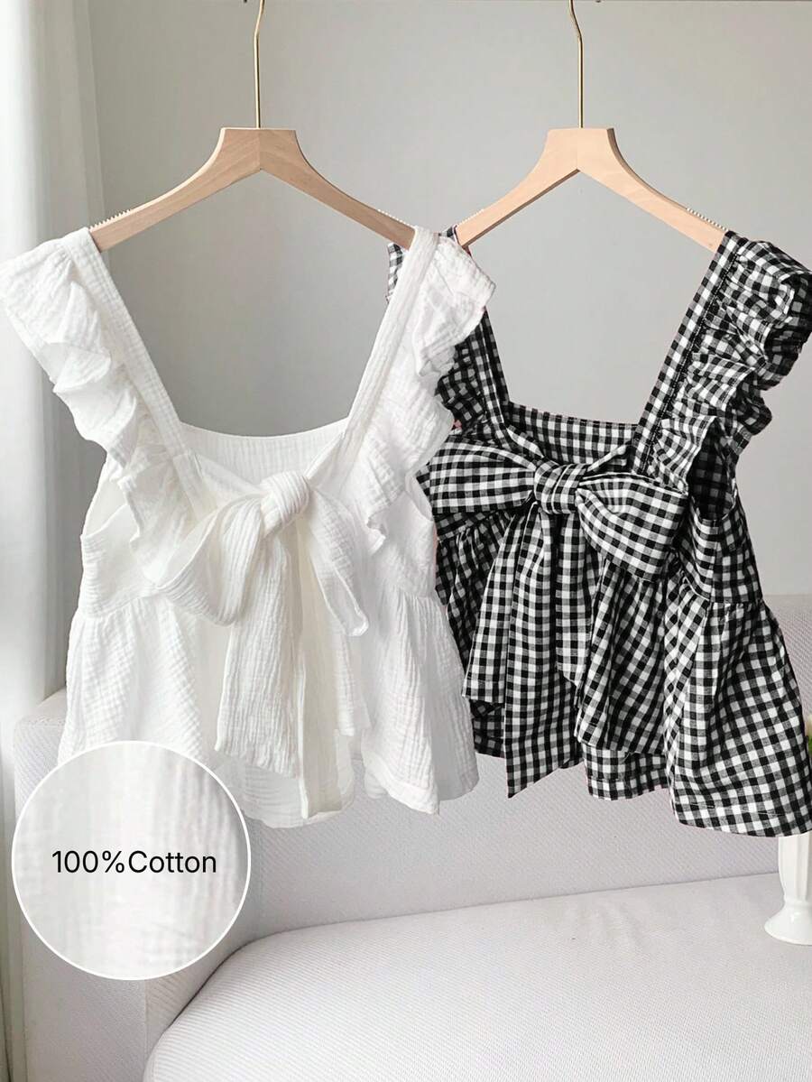 Comfortcana Áo kiểu nữ ngắn tay thắt nơ, dệt hai màu. - Đen và trắng - Xem 1
