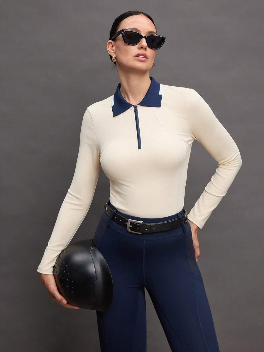 Activina Yellow Knitted Fabric Slim Fit Long Sleeve Stand Collar Equestrian Top For Women - Yellow - View 1