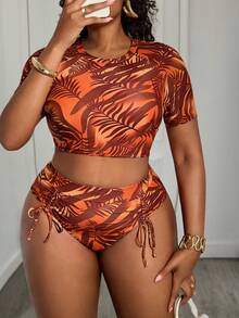 Slaydiva New Floral Print Criss-Cross Back Plus Size Swimwear Set, Plus Size Backless Bikini - Orange - View 4