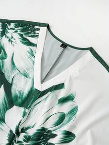 Linhara 大码撞色印花V领短袖衬衫 - 綠色 - 查看 5