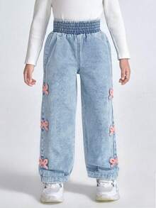 SHEIN Girls' Minimalist Ditsy Floral Back Pocket Skinny Flare Jeans - Light Wash - View 6