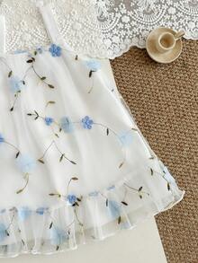 SHEIN Đầm lưới yếm họa tiết hoa lãng mạn dễ thương cho bé gái, thích hợp cho kỳ nghỉ, dã ngoại, mùa hè. - Màu xanh bạc hà - Xem 3