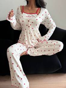 ZzzCrew 3件套女士荷叶边吊带背心、爱心印花长袖上衣和裤子睡衣套装，秋季舒适穿着 - 杏色 - 查看 3