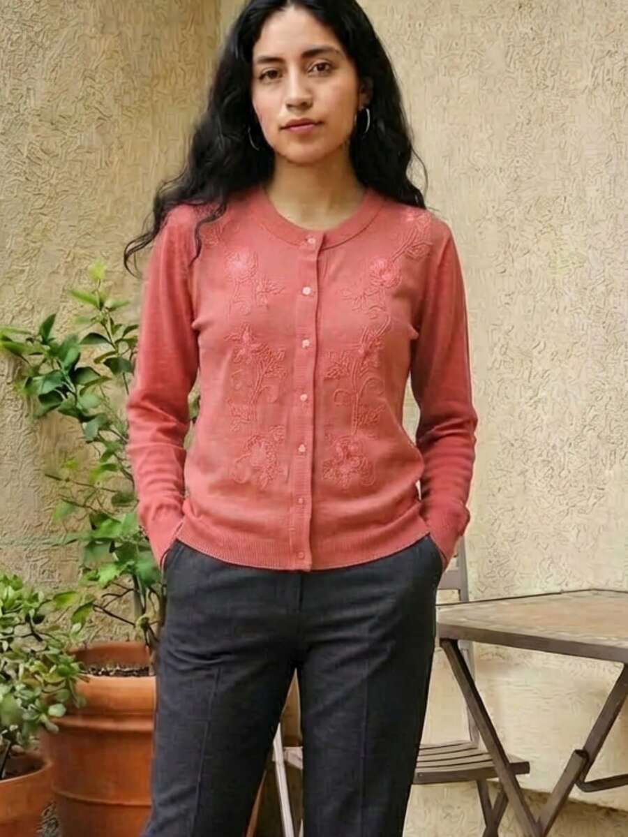 Women's Soft Sweater With Colorful Flower Embroidery - coral - View 1