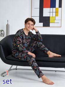 男童睡衣套装 - 两件套，游戏手柄印花，黑色多色圆领长袖长裤，适合居家休闲、玩耍、睡觉时穿着，轻薄弹力舒适，是2026年假日必备礼物，休闲家居服。 - 彩色 - 查看 5