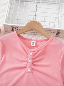 女童甜心格子睡衣套装，粉色罗纹荷叶边短袖 - 粉色 - 查看 10