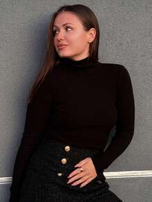 Kuleshova Áo len chui đầu dài tay cổ lọ thời trang ôm vừa vặn thường ngày - màu đen - Xem 5