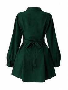 GlowEve CURVE 大码女式春秋季休闲/办公通勤灯笼袖腰部褶皱后背系带衬衫裙配围巾 - 墨綠色 - 查看 2
