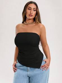 SHEIN BAE Plus Size Women's Tube Top Solid Color Beige Stretch Knitted Tight Ruffled Asymmetrical Design Hem Tank Top - Black - View 4