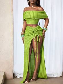 BamGleam 休闲度假性感单肩上衣搭配开衩鱼尾裙套装 - 橄欖綠 - 查看 3