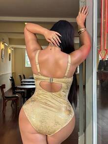 Swim SXY Plus Size Women's Gold Foil Decor Spaghetti Strap Underwire One-Piece Swimsuit - Gold - View 2