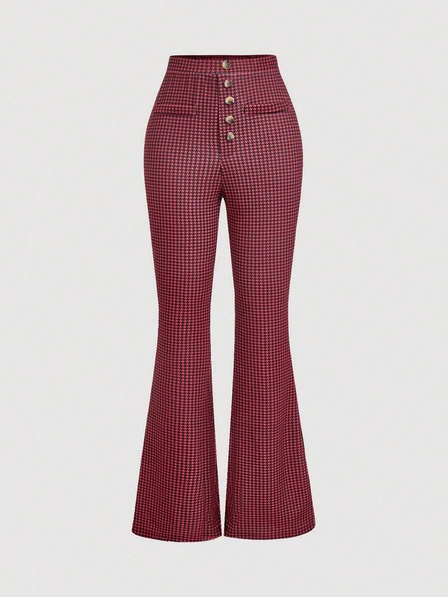 SHEIN MOD Women's Retro Houndstooth Print Pants - Red - View 1