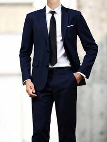 SHEIN 2pcs/Set Teen Boy Gentleman Suit, Slim Fit Blazer Jacket + Trousers, High-Quality Blended Fabric, Elegant, Formal Outfit Suitable For Spring/Summer, Birthday Party, Evening Event, Performance, Hosting, Wedding Season, Valentine's Day, Birthday, Wedding, Graduation - Navy Blue - View 3