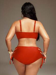 Swim SXY 大码女式纯色交叉镂空性感比基尼泳衣套装 - 紅色 - 查看 3