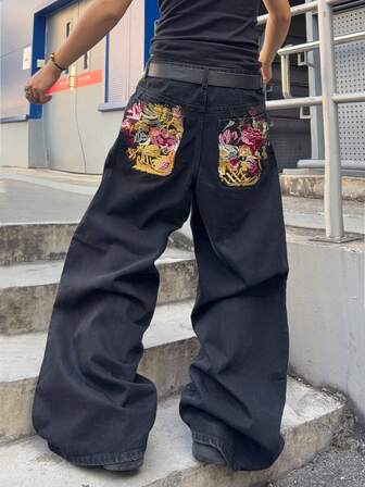Jeans de pierna ancha y ajuste holgado con bordado floral en el bolsillo para hombres