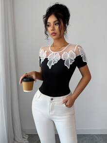 Elenzga Áo thun ngắn tay thời trang nữ đính hạt hoa 3D, phối ren và lưới. - màu đen - Xem 5