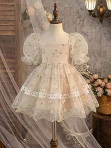 SHEIN Vestido de princesa elegante y lindo para bebé, vestido de manga corta con bordado floral de malla - Amarillo - Ver 2