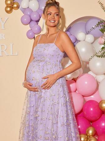 Loomaby 孕妇花卉刺绣网纱优雅派对吊带裙