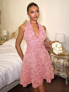 Glamine Charm Robe d'été pour femmes avec appliqués, col en V, dos nu - Rose bonbon - Voir 1