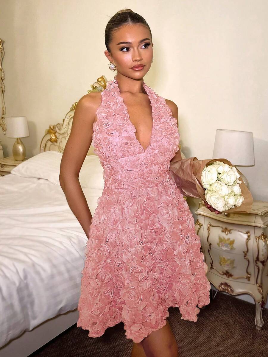 Glamine Charm Robe d'été pour femmes avec appliqués, col en V, dos nu - Rose bonbon - Voir 1