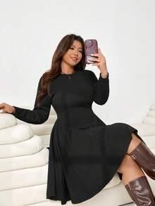 Solflare Plus Size Women Casual Solid Color Round Neck Long Sleeve Dress, Autumn/Winter