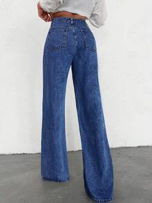 SHEIN Tall 女士高腰带口袋阔腿休闲百搭牛仔裤 - 深色水洗藍 - 查看 2