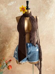 Soleia 新款性感不对称露背波西米亚风度假复古假日音乐节吊带背心 - 棕色 - 查看 3