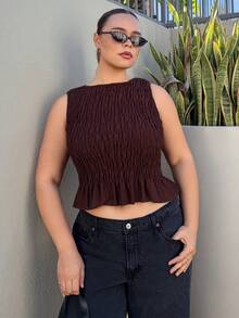 Nezia Cruz Plus Size Women Summer Boho Elastic Ruched Camisole Top - Brown - View 1