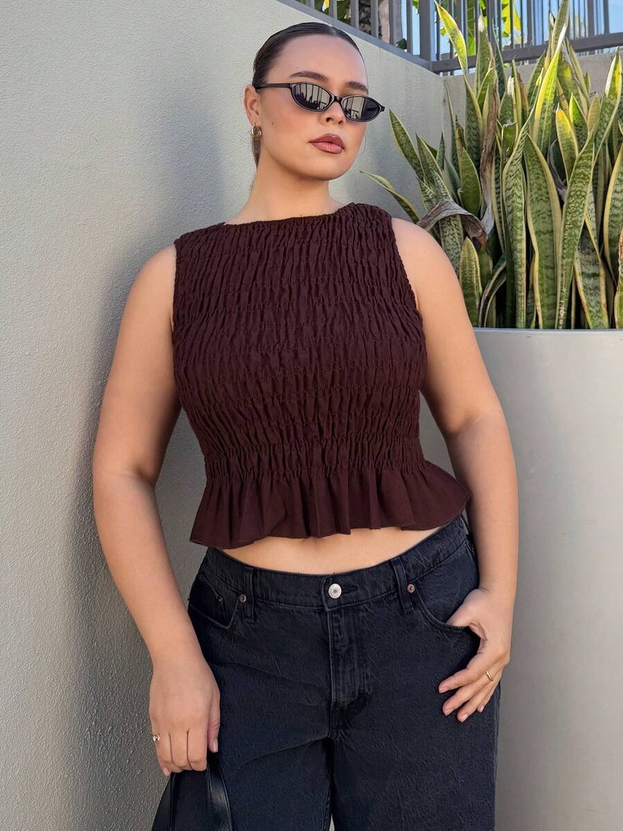 Nezia Cruz Plus Size Women Summer Boho Elastic Ruched Camisole Top - Brown - View 1