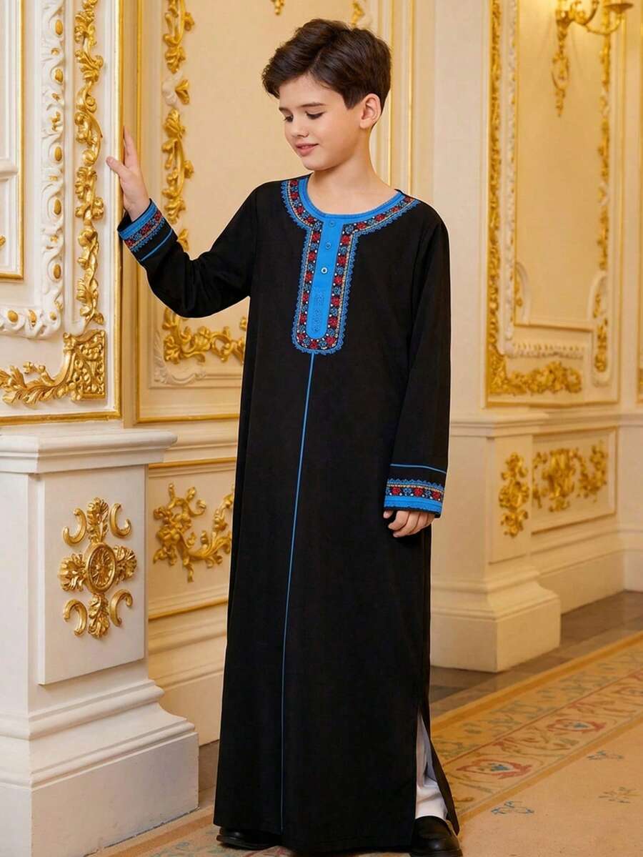 SHEIN Áo Jellabiya Ramadan cho bé trai, trang phục truyền thống Ả Rập, áo choàng, trang phục Eid, áo sơ mi dài tay cổ tròn phối màu thoải mái, thích hợp cho mùa xuân/hè, đi chơi, ngày Valentine, hẹn hò, du lịch, kỳ nghỉ, họp mặt gia đình, tựu trường, mùa cưới, tiệc tối trang trọng, tiệc sinh nhật. - Nhiều màu - Xem 1