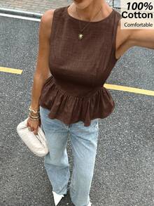 Siren Gaze Women's Summer New Jacquard Ruffle Hem Round Neck Camisole Brown Blouse,Summer Top - Coffee Brown - View 3