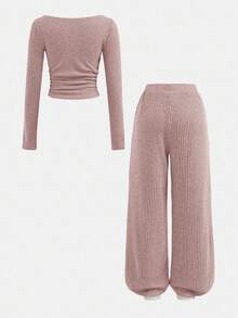 SHEIN Tween Girl Autumn/Winter Casual Fashion Versatile Ribbed Off-Shoulder/Off-Shoulder 2-Way T-Shirt Top With Pockets And Straight Leg Pants Set, Suitable For Weekend, Casual Outing, Back To School, Casual Two Piece Set, Girls Ribbed Set, Ribbed Two Piece Set - Baby Pink - View 13