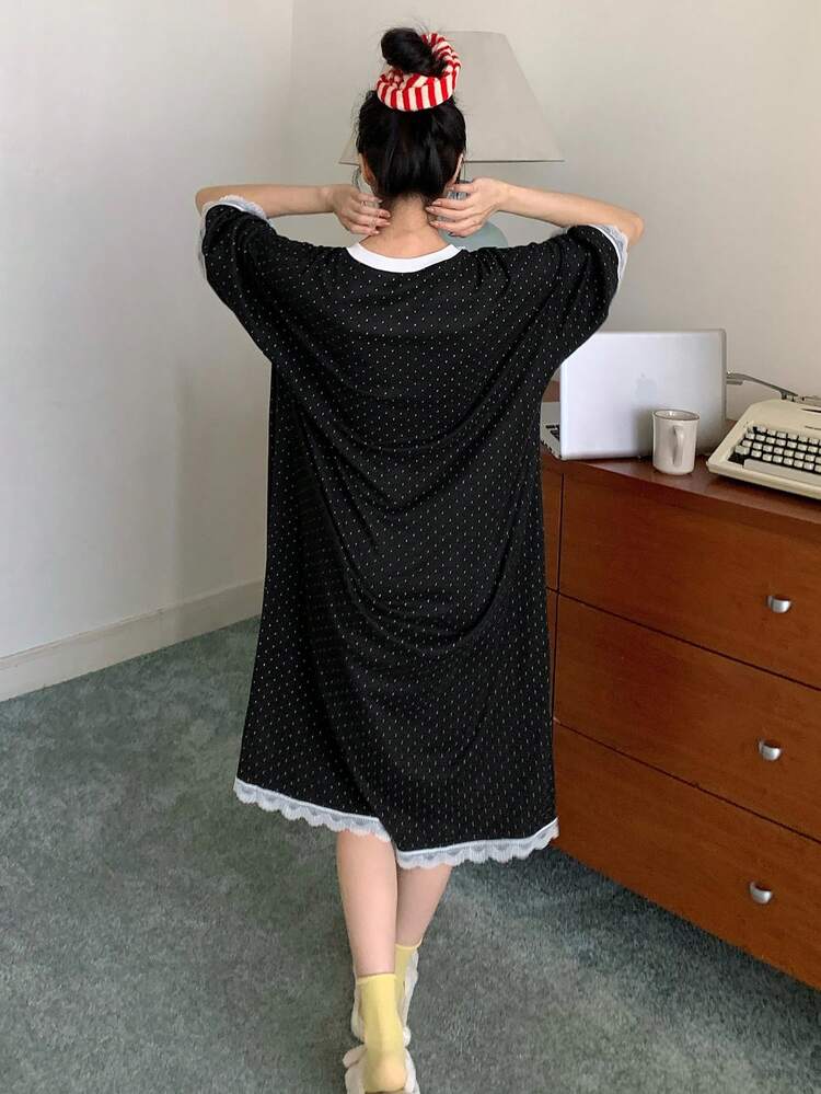 Cartoon Bear Print & Polka Dot All-Over Print Loose Women Nightgown