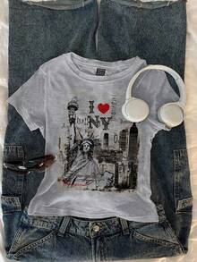 Attitoon 复古休闲风“我爱纽约”字母图案，自由女神像和纽约风景印花，修身圆领短袖T恤，女款，适合夏季、复古、学院风、百搭、性感、可爱、Y2K、椰子女孩、波西米亚风、嬉皮风、音乐节等风格，也适合秋冬季穿着。 - 淺灰色 - 查看 4