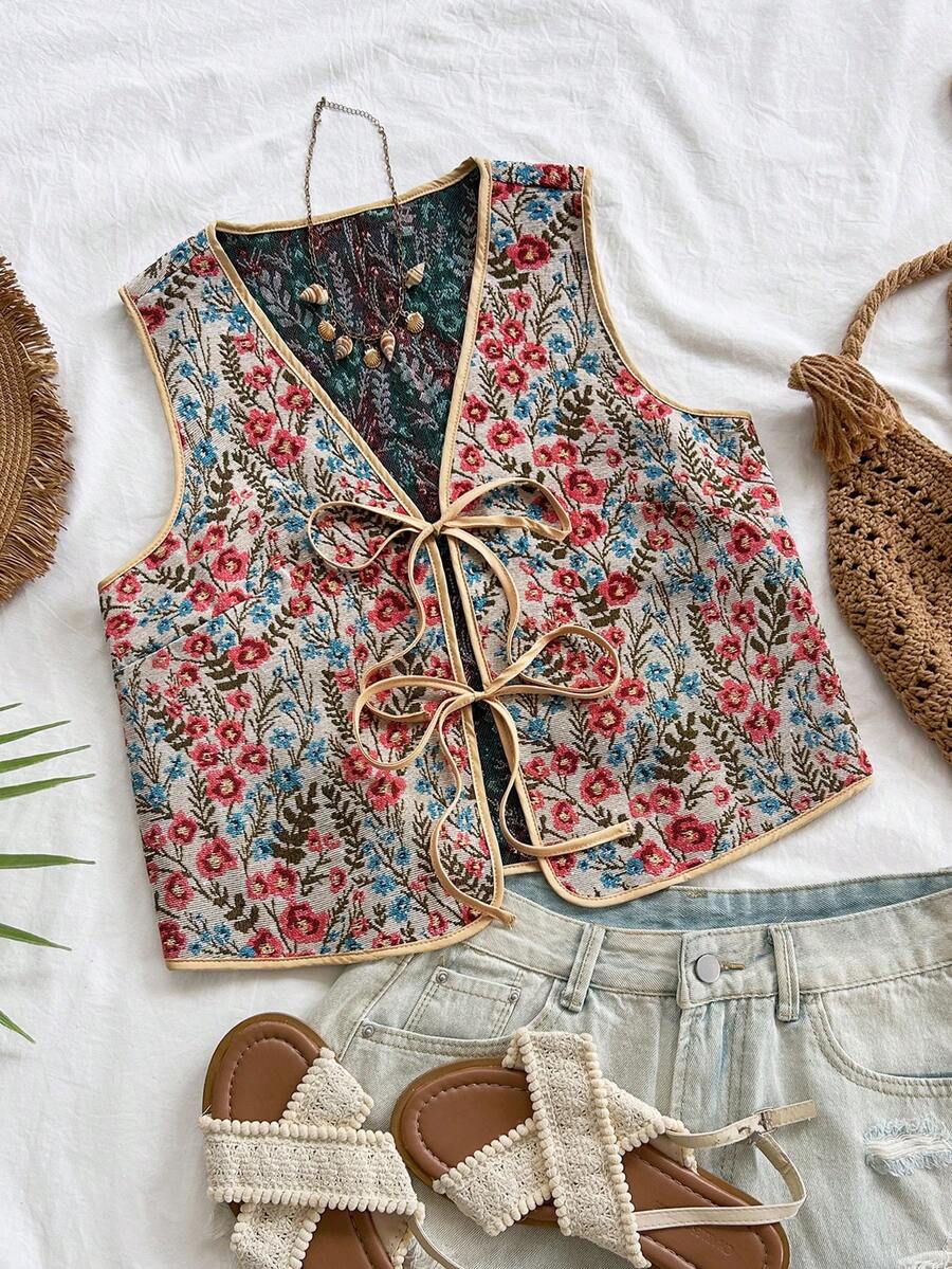 Soleia 度假女装时尚花卉刺绣系带上衣,背心 - 彩色 - 查看 1