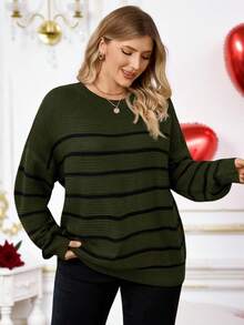 Rosumi Suéter holgado de punto con bloque de color y rayas de imitación de cachemira en tallas grandes para otoño/invierno - Verde militar - Ver 6