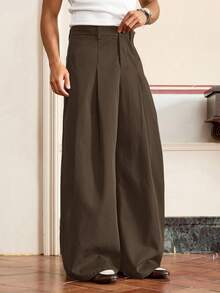 EASEVO 男士加大码纯色褶裥腰带环休闲宽松裤 - 咖啡棕 - 查看 2