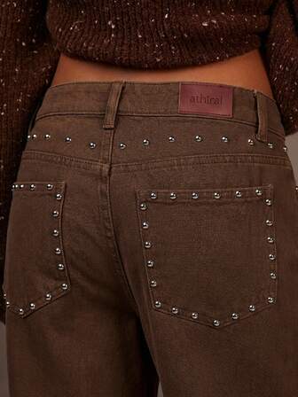 Athîral 女士铆钉口袋直筒宽松休闲牛仔裤