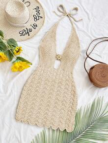 Soleia Women's Vacation Knit Textured Bandeau Bralette, Sexy For Party, Date, Beach, Summer Outfit, Holiday Date, Afternoon Tea, Wedding Season, Beach Cruise Vacation, City Road Trip Vacation, Boho Vacation, Music Festival In Fall/Winter Summer Vacation Dress Summer Sexy Dress Seashell Dress Crochet Cover Up Dress Crochet Swimsuit Women - Apricot - View 1