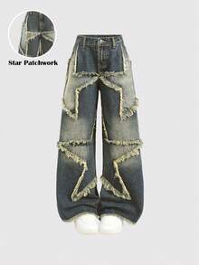 Girlism Pantalones vaqueros de pierna ancha con parches y deshilachados con estrellas para niñas - Azul lavado medio - Ver 2