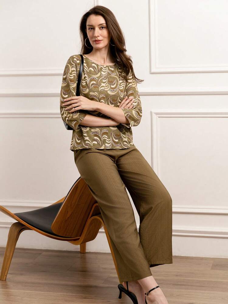 Plus Size Women Allover Print Crew Neck Long Sleeve Top And Wide Leg Pants Casual Outfit For Summer/ Vacation Brown Set Women Summer Outfit For Women Beach Outfit Holiday Outfits Modest Two Piece Set Blouse And Pants Set Summer Outfits