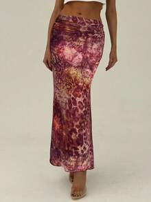 Aloruh 女士夏季度假波西米亚风动物纹网纱褶皱低腰半身裙，适合海滩度假、日常出行、音乐节等场合。 - 酒紅色 - 查看 7