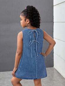SHEIN Tween Girl Backless Tie Crew Neck Sleeveless Casual Denim Dress - Light Wash - View 2