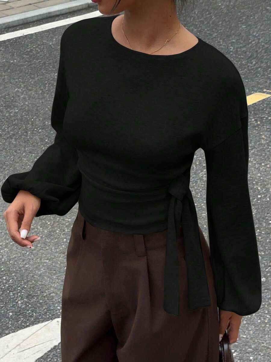 Siren Gaze Áo thun nữ màu trơn cổ tròn, vai rớt, tay dài, thắt nút bên hông - màu đen - Xem 1