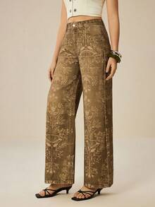 Felipe Marques Women's Floral Print Long Denim Jeans, Casual Vacation Wear For Autumn, Winter, Spring - Khaki - View 6