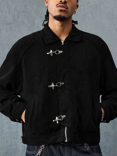 Street Life Giacca da uomo con maniche a raglan, colletto con bottoni in metallo, in velluto a coste